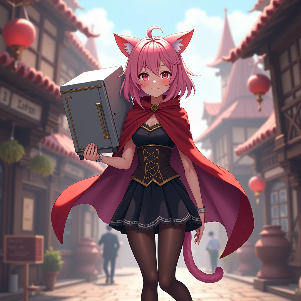 Diona From Genshin impact, ((carrying a small refrigerator on your back)), masterpiece, best quality, cinematic lighting , looking at a viewer, smile, pink hair, hat, cat ears, cat tail, green eyes, Full body, smile, walking, in the medieval city, 1girl, (Black dress, corset, belt, black skirt, cloak, red cape, red hood, pantyhose).