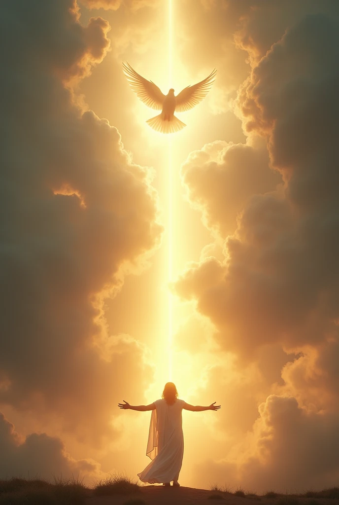 An ethereal, glowing dove descending from the heavens towards a person with outstretched arms, surrounded by a radiant aura of golden and white light. The background is a dramatic sky with beams of divine light piercing through clouds, highlighting the person who is in a posture of reverence and awe. Four subtle, glowing symbols are faintly visible on the person’s body, representing the marks of the Holy Spirit, blending seamlessly into the divine light. The overall atmosphere should feel powerful and sacred, evoking a sense of spiritual transformation, ar 16:9