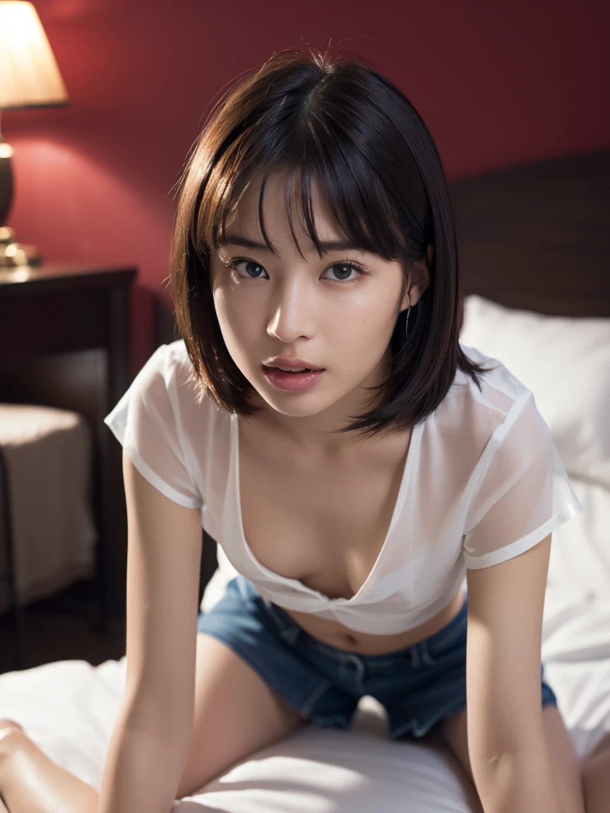 (masterpiece:1.2), Very detailed, Ultra-high resolution, (Realistic, photo Realistic:1.6), High-resolution RAW color photos, Professional photos, Sharp focus:1.2, (Very detailed顔と肌の質感, Very beautiful eyes, Glossのある肌, Glowing Skin, Glowing Skin, Shining Face, Gloss, Oily skin, greasy face, Oily skin, greasy face,), (real Glossのある肌 texture), Perfect Anatomy, Very detailed背景,(Hotel bed at night),1 female,short hair, Straight hair, bangs, Brown Hair,,(Flat Chest:1.55),Thin legs, ((Silk sleeveless shirt)),((See-through shirt:1.3,Open shirt:1.5)),((Open your knees、On all fours from behind)),Earrings、(((Woman reaching orgasm:1.4)), ((A black mini pencil skirt pulled up to her belly)),((Small Ass:1.7、Oiled up ass))