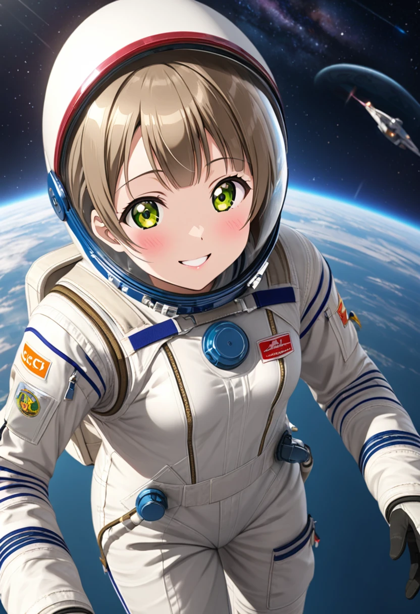 (Spacesuit:1.15), White Cargo Pants, Space Helmet , , Spacewalk, masterpiece, Highest quality, One person, One personで, short hair, , s,Gloss,Backpack\, baburuherumetto, short hair, (Futuristic spaceship:1.6), , smile,Covered navel, short hair, In other words、Ace,slim,Small breasts,From above, Minami Kotori , Love Live! School Idol Project,