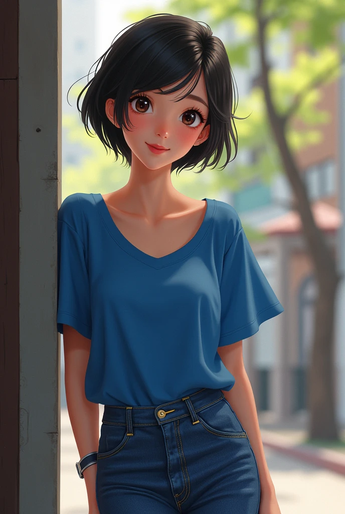 A girl with short hair with blue top and blue jeans standing with me
