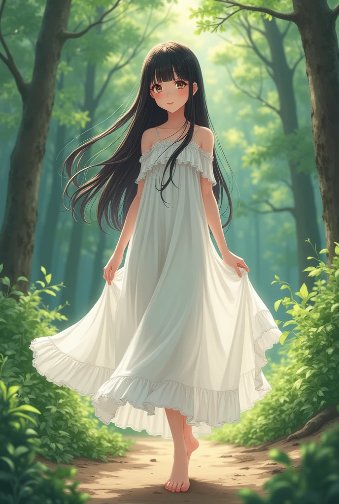 A brunette anime girl with straight, very long hair, blunt bangs.
She is wearing a white dress. Her eyes are brown. She has beauty marks.
She is in nature.
She is barefeet.
She is very beautiful.