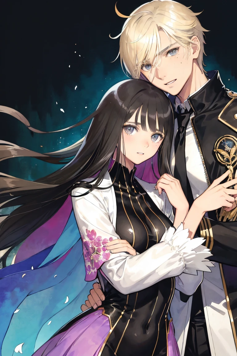man and woman, couple, love, mature, a cat woman, she has freckles, she has dark brown eyes and an upturned nose, she is happy and smiling, she has long wavy hair, black hair, she is wearing aviator sunglasses with clear lenses in a soft watercolor style. The girl's clothes must be pink, purple, and blue in celebration of the bisexual, with stains of ink and watercolor mixing and filling the scene. he has blonde hair, he is handsome, he is slim. There should be a subtle, nuanced change in colors using the impasto technique with gouache paint. There should be a light rain in the watercolor painting with a little watercolor paper texture and a pastel background.