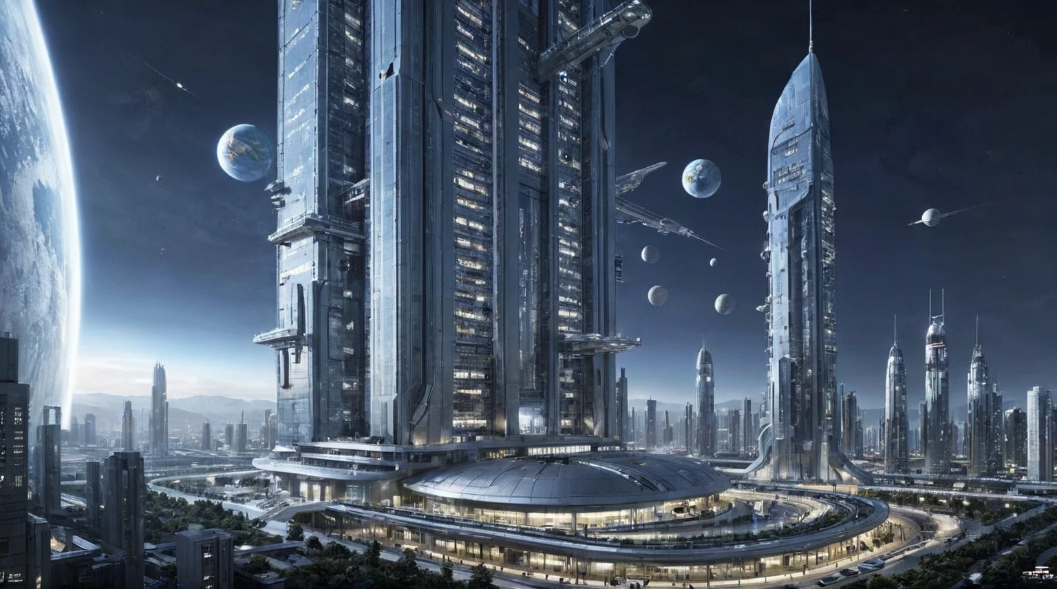 Future City Building，Tall buildings tower，The main building is the highest，night，Outer Space，spacecraft，Space base station，Planet Earth，Sci-fi style，Vertical composition，Interstellar background，Ultra wide-angle lens，Night lighting，spacecraft悬浮，Space base station连接，Planet Earth远景，Cool colors，Mystery。