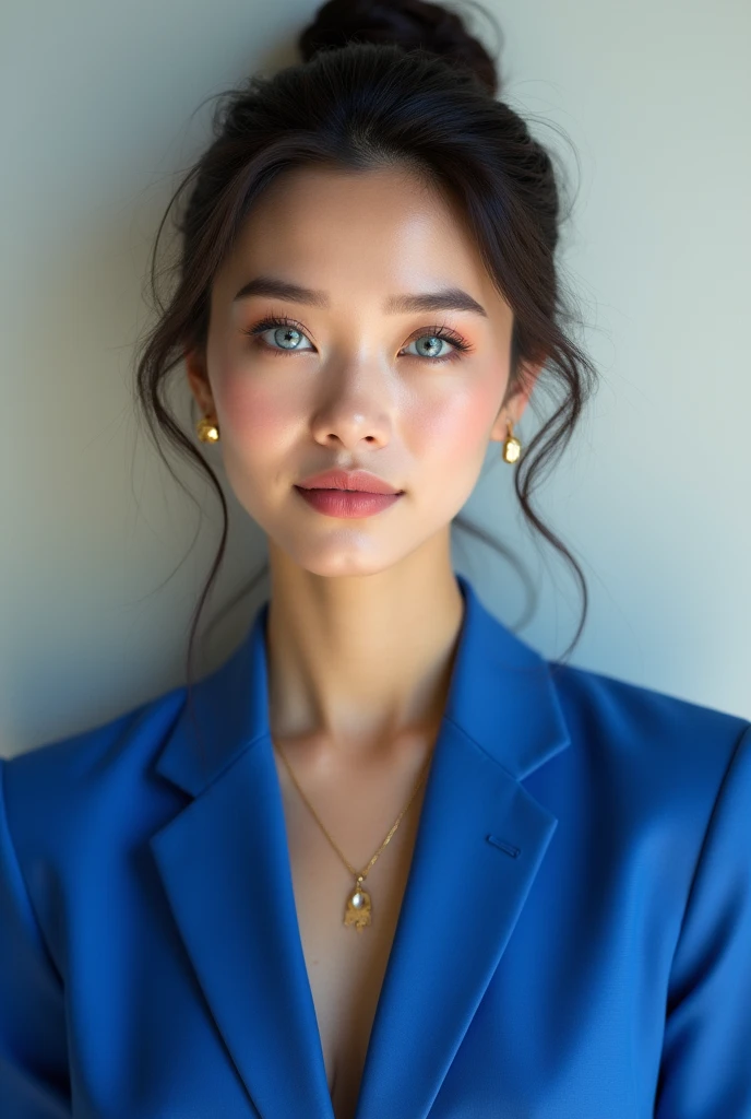 A beautiful realstick girl in blue suit portrait