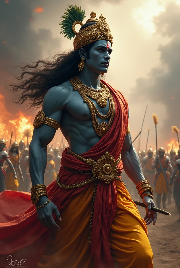 Image of lord krishna looking realistic as if he is in a war