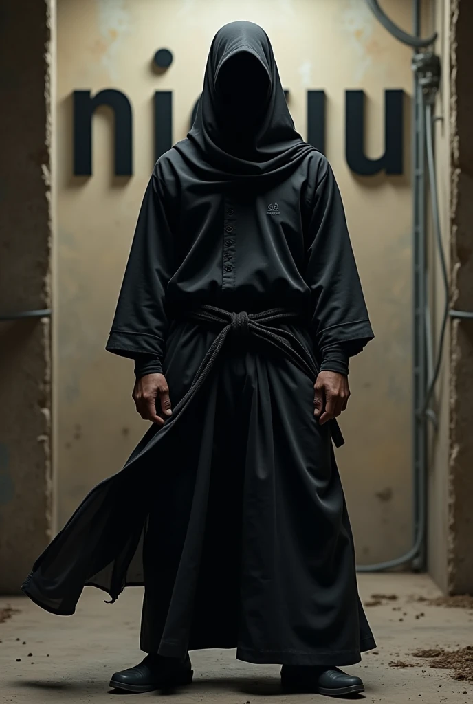 A PSHT Citizen, Black shirt and trousers and a shroud, martial arts, still standing while installing, Behind it is the text Nidyu Manuel.