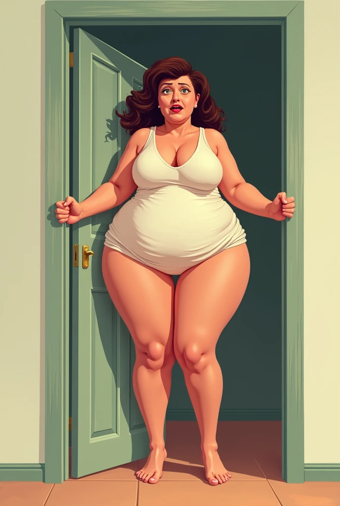 Elastic woman stuck in the door with big buttocks and big breasts