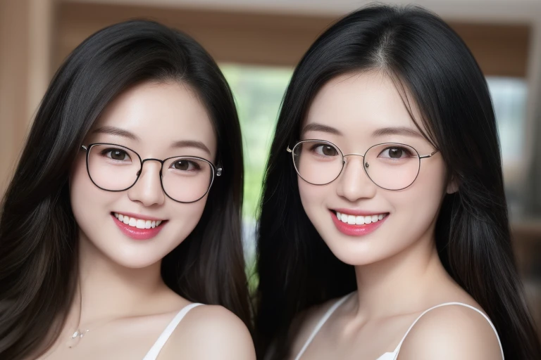 (realistic、masterpiece、Best Quality、8K、highres、high resolution:1.3)、two glasses women in white bikini posing for a picture, with a twin, two glasses girls, sakimichan, twins, beautiful gemini twins portrait, ulzzang, beautiful gemini twins, adult pair of twins, bbwchan, 3/4 bust, cutecore, milky white skin, good young girl, korean girl, yanjun chengt Huge breasts、smile, looking at viewers、super fine face and eyes、long hair、indoor、 upper body、