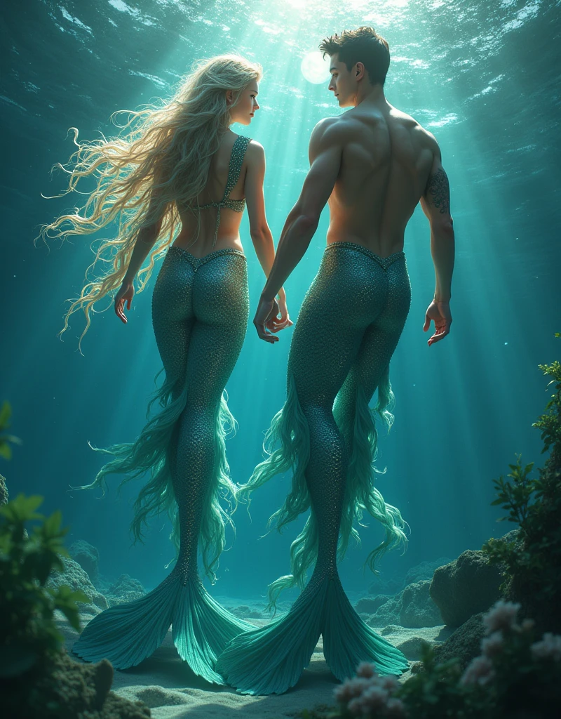 (masterpiece,Distinguished Quality,Mirror-like,Cinematic Experience, insanely detailed,absurdres),8k,full image shot),(1 female), the shimmering, iridescent depths of an enchanted ocean, mesmerizing sirens, big breasts, nipples ,8k, slim waist, shimmering scales on a tale, luminous, pearlescent skin glistening with dew, long, flowing hair a wild tangle of seaweed and glittering, gemstone-encrusted locks, as their piercing, (1 handsome male),(male, with mermaid tale:2.0),(male siren),(manly tale),(manly abs), (random hair), (random coloured hair),aquamarine eyes gleam with an otherworldly allure, shimmering, crystalline tail glimmers with a soft, ethereal light, beckoning sailors to their doom with a haunting, melodic song that echoes through the mystical, moonlit waves, Imagine the captivating, underwater scene!