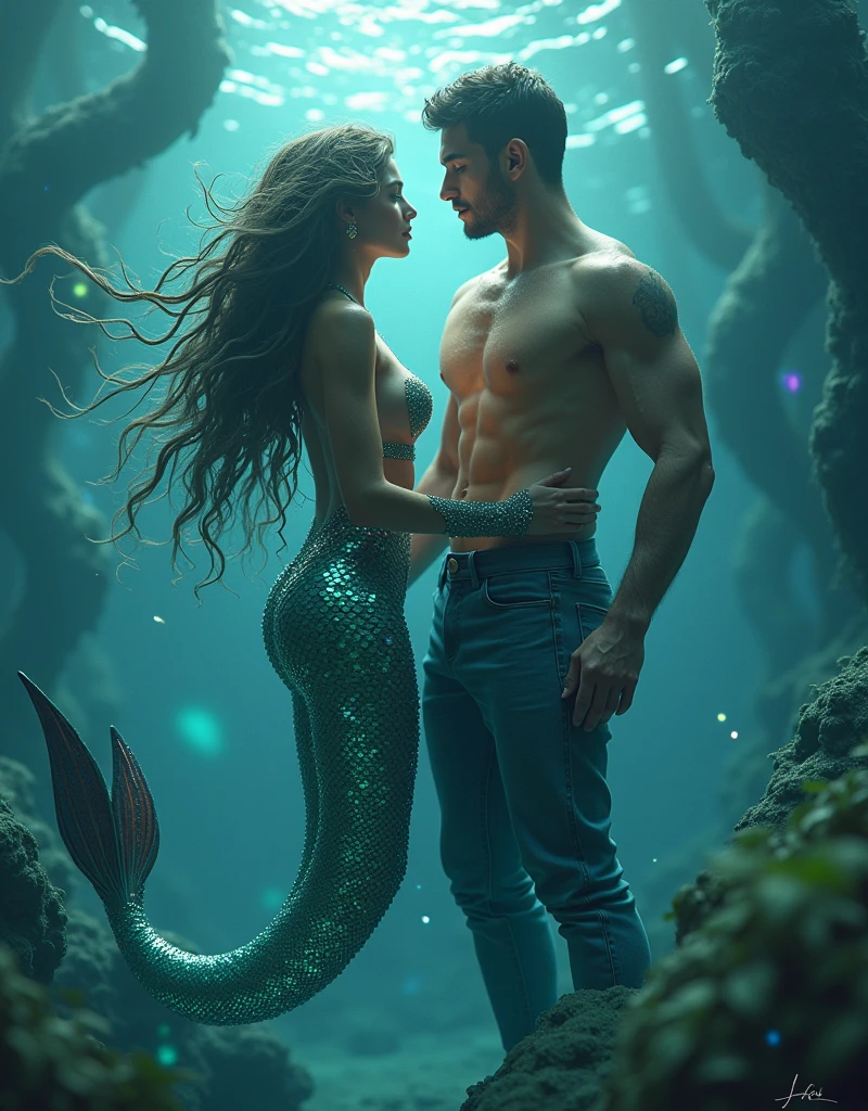 (masterpiece,Distinguished Quality,Mirror-like,Cinematic Experience, insanely detailed,absurdres),8k,full image shot),(1 female), the shimmering, iridescent depths of an enchanted ocean, mesmerizing sirens, big breasts, nipples ,8k, slim waist, shimmering scales on a tale, luminous, pearlescent skin glistening with dew, long, flowing hair a wild tangle of seaweed and glittering, gemstone-encrusted locks, as their piercing, (1 handsome male),(male, with mermaid tale:2.0),(male siren),(manly tale),(manly abs), (random hair), (random coloured hair),aquamarine eyes gleam with an otherworldly allure, shimmering, crystalline tail glimmers with a soft, ethereal light, beckoning sailors to their doom with a haunting, melodic song that echoes through the mystical, moonlit waves, Imagine the captivating, underwater scene!
