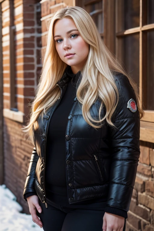 Medium view, of young aged, face portrait, Scandinavian features,long hair, very fat, chubby, blond hair, high quality, pretty, gorgeous, busty, curvy, fat, overweight, beautiful, tight black leather moncler puffer jacket, in cozy college courtyard,
