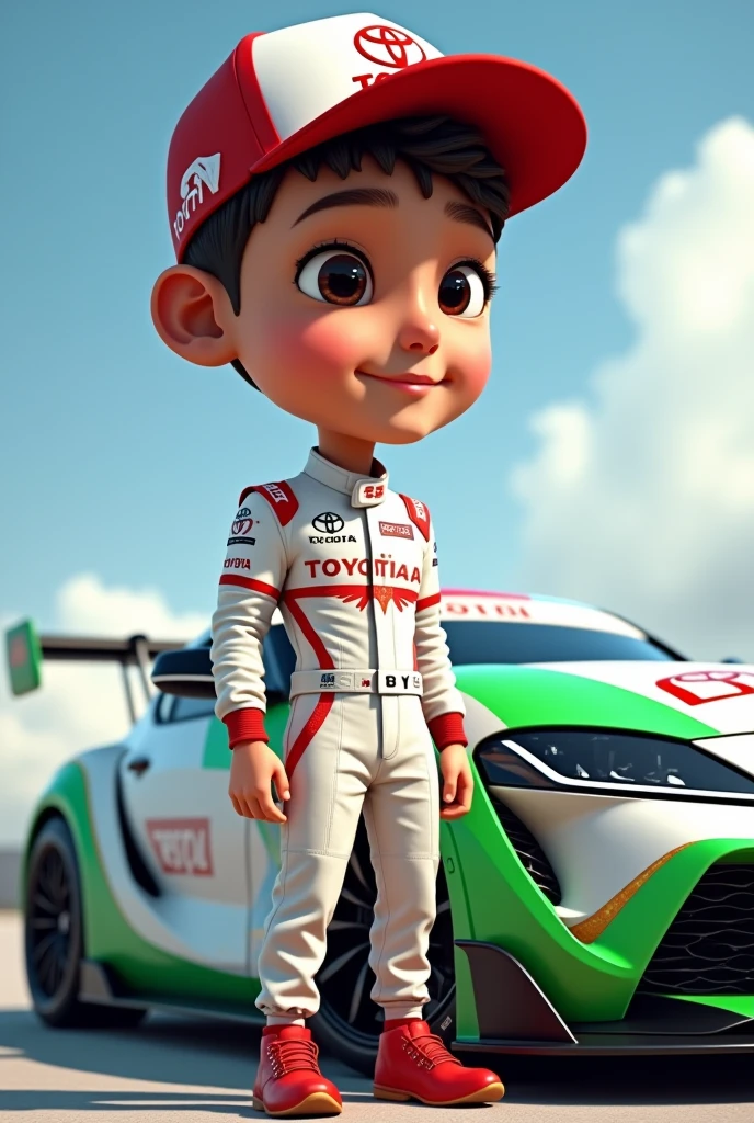 Realistic big head 5D caricature. Pria Indonesia berusia 20 tahun mengenakan seragam mobil balap berwarna putih dengan motif merah dan topi toyota. chest section written "toyota" dan logo toyota dengan sepatu keselamatan. berdiri di samping mobil toyota Supra Sports berwarna hijau dan putih. visible throughout the body