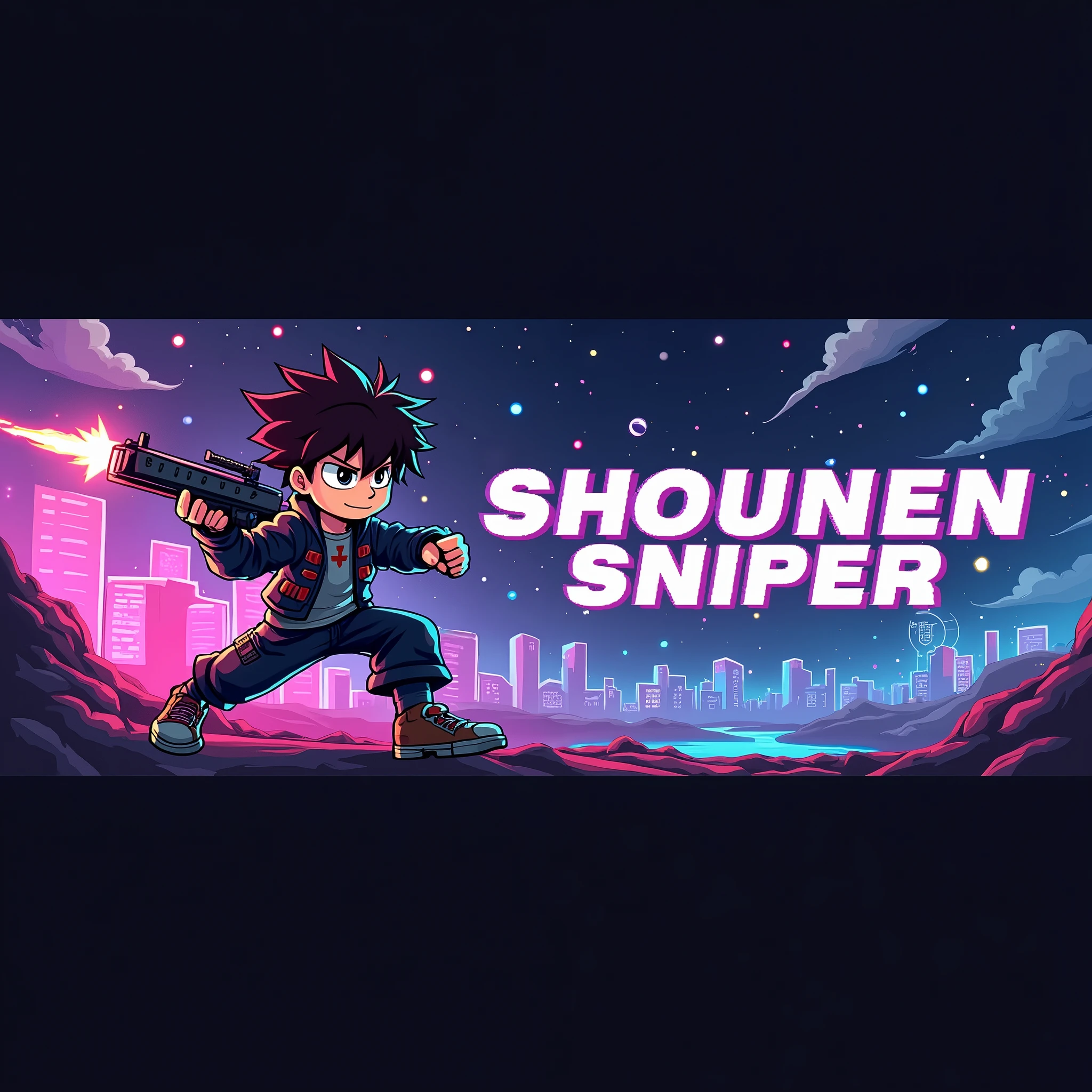 I want a Gamer banner, With pixel art and with name "Shounen Sniper" with pixelated writing For my youtube channel, in resolution 2.560 x 1.440 pixels