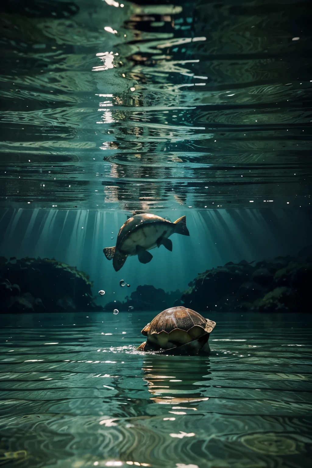 Type of image in drawing, inside a clear lake, A fish swimming happily near a turtle, that only the bottom of the lake water can be seen.
