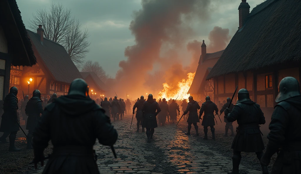 Create a cinematic and dark scene of a medieval battle unfolding in a small village. The village, with its thatched roofs and cobblestone streets, is shrouded in a gloomy, overcast sky. The clash of swords and the roar of combat echo through the narrow alleys. Soldiers in dented armor and bloodied tunics engage in fierce combat, their faces illuminated by the flickering light of torches and burning buildings. Villagers, caught in the chaos, are seen fleeing in panic or desperately trying to defend their homes with makeshift weapons. Smoke billows from burning cottages, casting a dark haze over the scene. The ground is strewn with debris and fallen combatants, and the atmosphere is tense and chaotic, highlighting the destruction and turmoil engulfing the once-peaceful village., Surrealism, Hyperrealism, UHD, retina, masterpiece, accurate, anatomically correct, textured skin, super detail, 16k