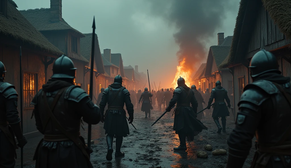 Create a cinematic and dark scene of a medieval battle unfolding in a small village. The village, with its thatched roofs and cobblestone streets, is shrouded in a gloomy, overcast sky. The clash of swords and the roar of combat echo through the narrow alleys. Soldiers in dented armor and bloodied tunics engage in fierce combat, their faces illuminated by the flickering light of torches and burning buildings. Villagers, caught in the chaos, are seen fleeing in panic or desperately trying to defend their homes with makeshift weapons. Smoke billows from burning cottages, casting a dark haze over the scene. The ground is strewn with debris and fallen combatants, and the atmosphere is tense and chaotic, highlighting the destruction and turmoil engulfing the once-peaceful village., Surrealism, Hyperrealism, UHD, retina, masterpiece, accurate, anatomically correct, textured skin, super detail, 16k
