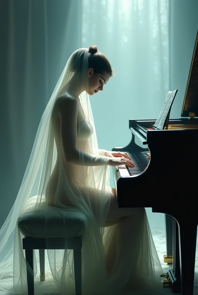 A women wearing transparent cloths playing piano 

