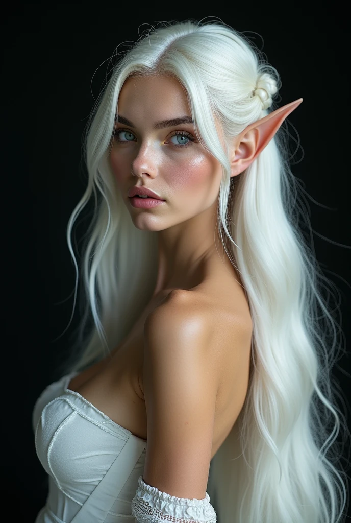 FAIRY WITH AN HYBRID FACE BETWEEN CLAUDIA SCHIFFER AND GISELE BUNDCHEN , BUST IMAGE STYLE, STUDIO IMAGE STYLE, BLACK INFINITE BACKGROUND, DIFFUSED LIGHTS ON FACE, BACK LIGHTS ON HAIR, LUMINOUS HAIR, CLOSE FACE SHOT, PLATINUM LONG HAIR, HUGE STRAIGHT LONG HAIR, BRAID HAIR STYLE, PLATINUM EYEBROWS, VERY PALE SKIN, LUMINOUS SKIN, FEMALE FAIRY, TOLKIEN MITHOLOGY, EXPOSED LONG TIP EARS, HIGH CHEEKBONES, ROSY CHEEKS, EXPRESSIVE LIGHT GRAY EYES, GORGEOUS LIPS, SOFT LIPSTICK, GORGEOUS CURVY BODY, SOFT MUSCLES, VOLUMOUS BREASTS, STRAPLESS CLEAVAGE, WHITE VICTORIAN DRESS, ENIGMATIC FACE EXPRESSION, SIDE FACE VIEW, EYES LOOKING TO THE SIDE, TOLKIEN MITHOLOGY, HIGH QUALITY IMAGE, MASTERPIECE, 8K