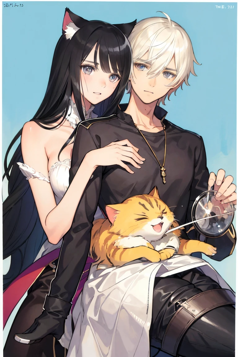 man and woman, couple, love, mature, a cat woman, she has freckles, she has dark brown eyes and an upturned nose, she is happy and smiling, she has long wavy hair, black hair, she is wearing aviator sunglasses with clear lenses in a soft watercolor style. The girl's clothes must be pink, purple, and blue in celebration of the bisexual, with stains of ink and watercolor mixing and filling the scene. he has blonde hair, he is handsome, he is slim. There should be a subtle, nuanced change in colors using the impasto technique with gouache paint. There should be a light rain in the watercolor painting with a little watercolor paper texture and a pastel background.