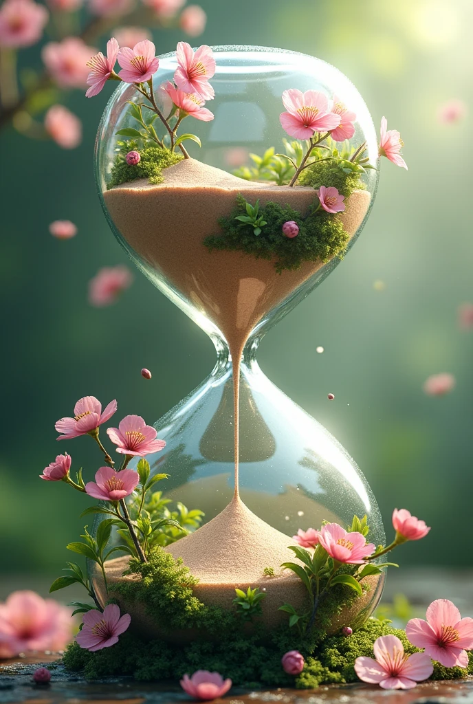 Create a healthy environment inside an hourglass with cherry blossoms around the clock
