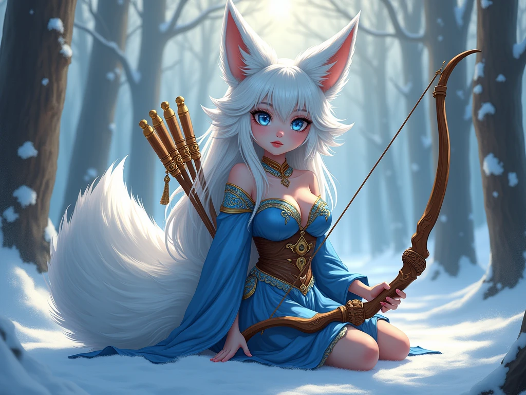 A beautiful, sexy, voluptuous anthropomorphic fox character with long, flowing white hair and sky-blue fur, with traits of the Dark Magician Girl character from Yu-Gi-Oh! She sits in a snowy forest, surrounded by tall, snow-covered pine trees. The character has large, expressive blue eyes, pointed ears, and a fluffy tail, with intricate tribal markings on her fur. She holds a beautifully carved wooden bow, and her outfit is adorned with blue and gold patterns, highlighting her status as an expert archer. The winter scenery is serene, with soft sunlight filtering through the trees, casting a magical glow on the scene.