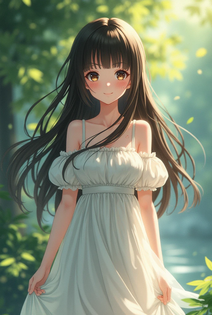 A brunette anime girl with straight, very long hair, blunt bangs.
She is wearing a white dress. Her eyes are brown. She has many beauty marks.
She is in nature.
She is barefeet.
She is very beautiful.
She is mysterious. The wind is blowing her hair and dress. She is smiling.