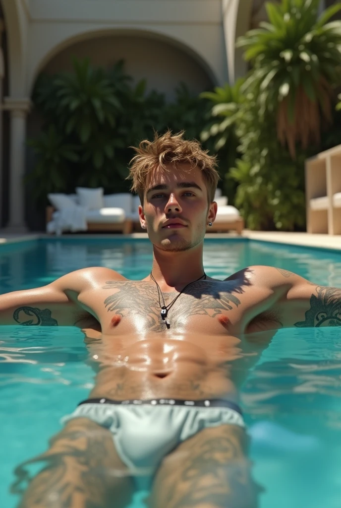 Singer Justin Bieber in the pool in his underwear