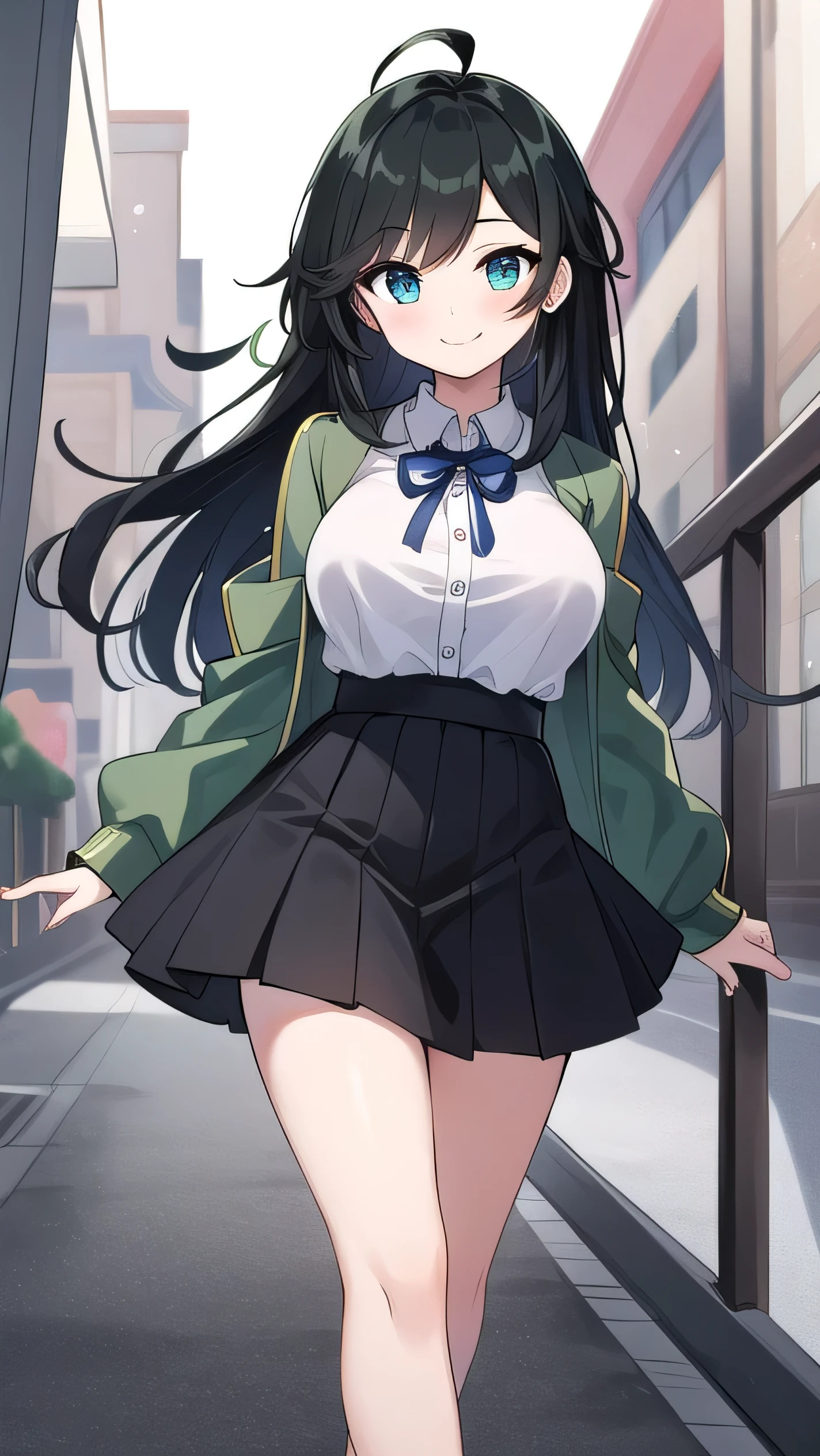 Junior high school student who looks like an elementary school student, , very short, 140 cm tall, black hair with a slight green tinge, short ahoge, beautiful long hair but with a little hair sticking out, beautiful round eyes, blue eyes, smile, boyish, long sleeves, Thick clothes, skirt, big breasts, hair longer than waist, long hair, childish face, gentle smile, a little shy, black skirt, black hair with a slight green tinge, boyish, gentle smile, jacket one size larger, ( Deep greenish black hair: 1.3)