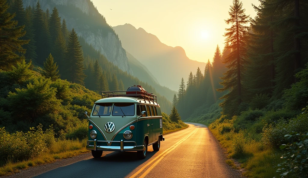 1950s american vintage volkswagen van, detailed realistic photography, lush green forest background, winding mountain road, golden hour lighting, cinematic composition, vibrant colors, photorealistic, (best quality,4k,8k,highres,masterpiece:1.2),ultra-detailed,(realistic,photorealistic,photo-realistic:1.37),dramatic lighting,stunning scenery,road trip,adventurous