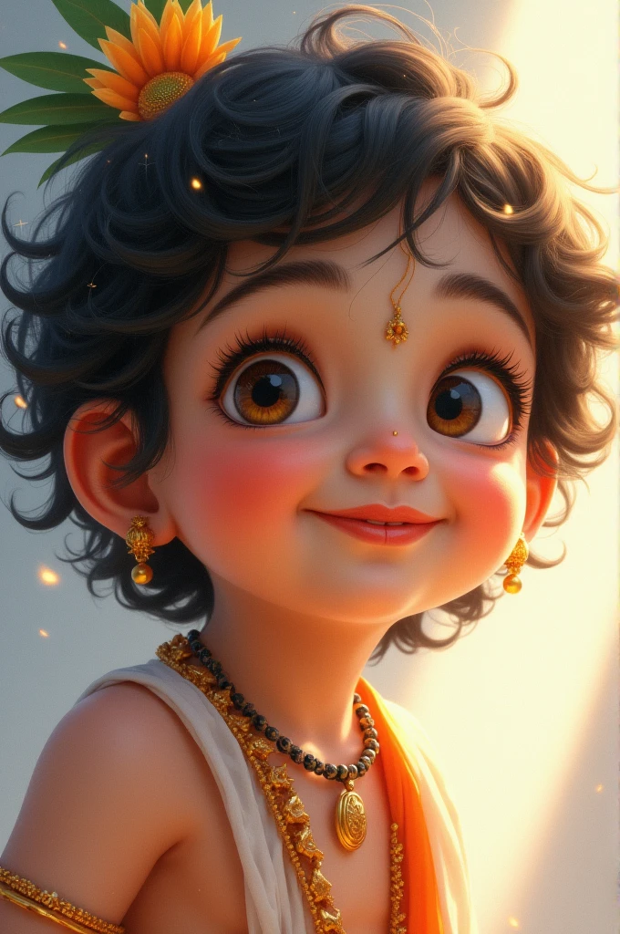: Illustrate Krishna with the characteristics of a young child—round cheeks, large, innocent eyes, and a playful expression. This will highlight his youthful and divine charm.