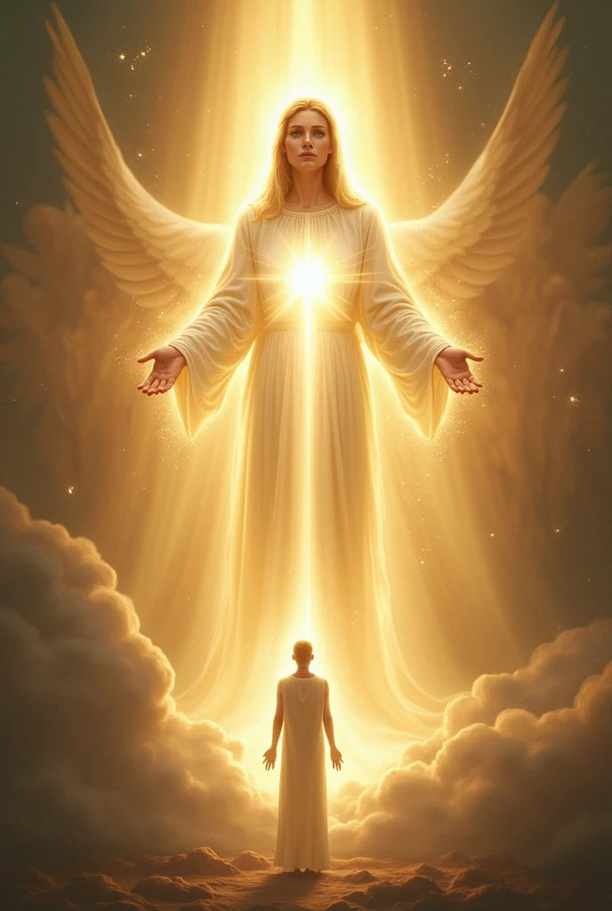 Create an image where the virgin of fatima (whose appearance is more brilliant than the sun, and
radiated a light more clear and intense than a crystal glass filled with
sparkling water, when the rays of the burning sun shine through it.) is saving a soul of a young male sinner (who is a soul not a physical body )and Our Lady opened her hands,
communicating to him a light so intense from her hands that, as it streamed from
her hands, its rays penetrated his heart and the innermost depths
of his soul, making him see himself in God, Who was that light,
more clearly than he sees himself in the best of mirrors at God's heavenly court where around her there are angels ( but the virgin of fatima does not have wings only the angels)