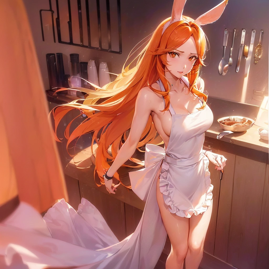 (((1girl, solo, Orihime, Orihime Inoue, bleach, (Orange hair, Orange eyes, long hair, rabbit ears, White skin), lipstick, fitness)), sensual pose, Beautiful, diamond necklace)), ((solo, 1woman, pink lipstick, Extremely detailed, ambient soft lighting, 4k, perfect eyes, a perfect face, perfect lighting, a 1girl)), austere, ((fitness,, shapely body, athletic body, toned body)), (( pink apron, just wearing an apron, naked, kitchen, household utensils, pans, pots, shelves, counter, sink, bracelets, elegant decor, sexy ))