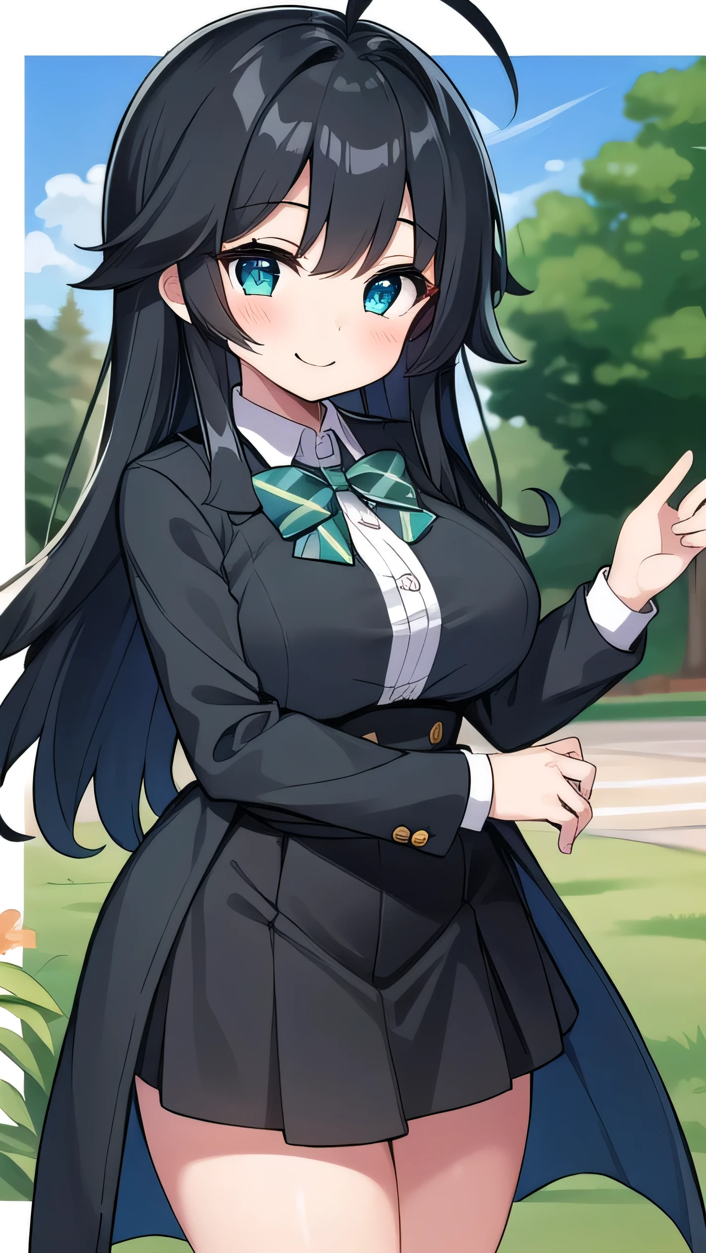 Junior high school student who looks like an elementary school student, , very short, 140 cm tall, black hair with a slight green tinge, short ahoge, beautiful long hair but with a little hair sticking out, beautiful round eyes, blue eyes, smile, boyish, long sleeves, Thick clothes, skirt, big breasts, hair longer than waist, long hair, childish face, gentle smile, a little shy, black skirt, black hair with a slight green tinge, boyish, gentle smile, jacket one size larger, ( Deep greenish black hair: 1.3)
