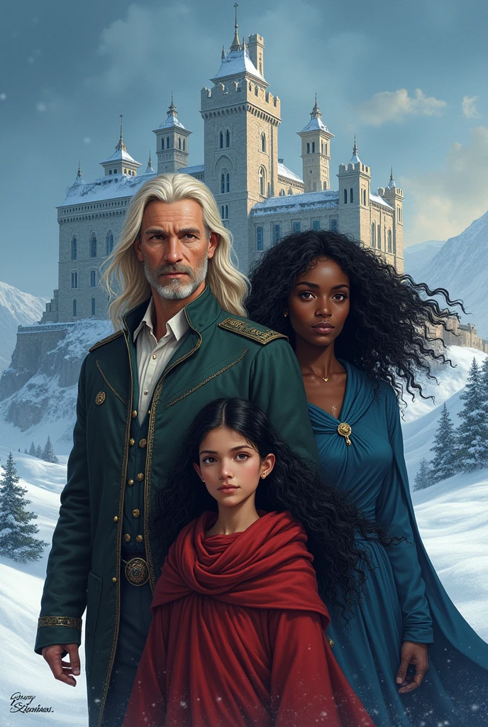 Book cover, destiny, traced, a man with long hair and a woman with black skin, curly hair, there is an eleven-year-old teenager, black hair, daughter of the couple, castle, snow, Christmas