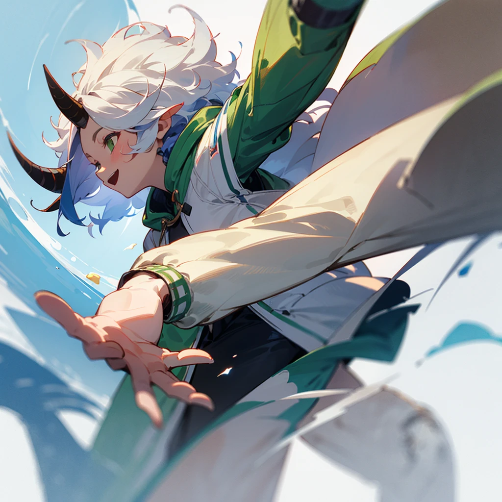 Very happy with her arms slightly outstretched (but not much) to the sides as if saying "relaxed", with a green and white hooded short jacket, with goat horns and white afro hair, in 3/4 and front view
