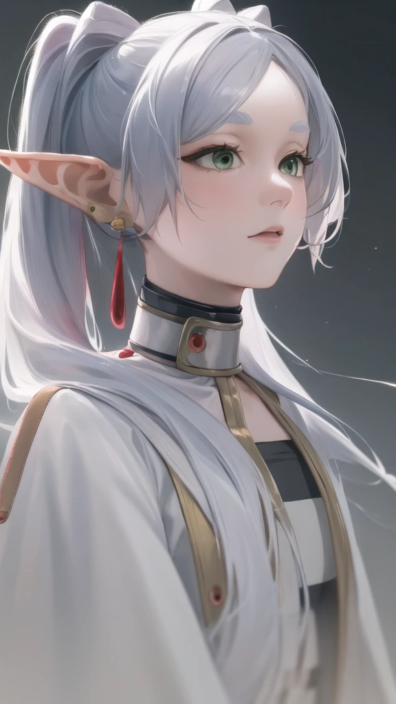 A realistic portrait of a young elf girl with long, silver hair styled in two high ponytails. She has fair skin, large almond-shaped green eyes, and pointed elven ears adorned with elegant red earrings. The girl wears a white and gold robe with detailed, intricate designs, including a high collar and a striped inner shirt. Her expression is calm and serious, reflecting wisdom beyond her years. The background is neutral and minimalistic, allowing focus on the character's delicate features and ethereal appearance, blending fantasy elements with realistic textures and lighting."
