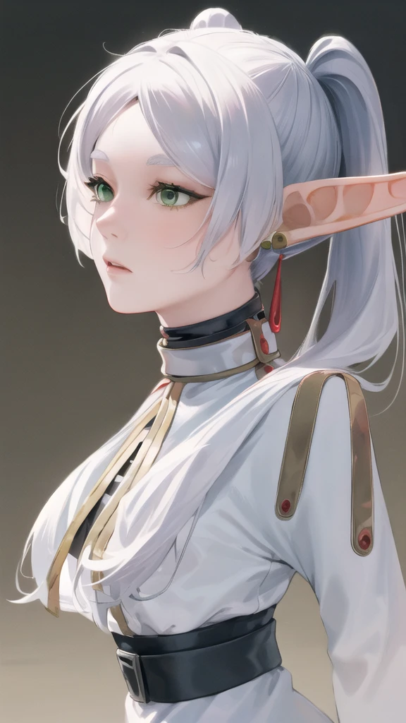A realistic portrait of a young elf girl with long, silver hair styled in two high ponytails. She has fair skin, large almond-shaped green eyes, and pointed elven ears adorned with elegant red earrings. The girl wears a white and gold robe with detailed, intricate designs, including a high collar and a striped inner shirt. Her expression is calm and serious, reflecting wisdom beyond her years. The background is neutral and minimalistic, allowing focus on the character's delicate features and ethereal appearance, blending fantasy elements with realistic textures and lighting."