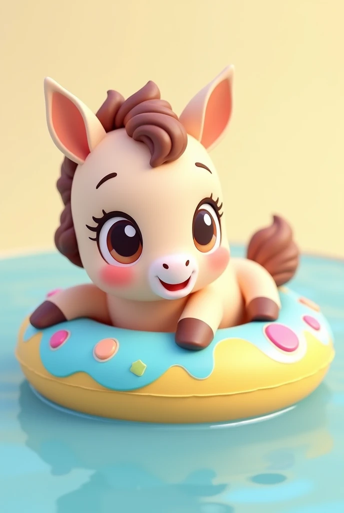 3d, Simple and cute, With gentle colors like a picture book , 8k, Highest quality,cute,Big anime eyes,Cute foal on a swimming ring.,mascot
