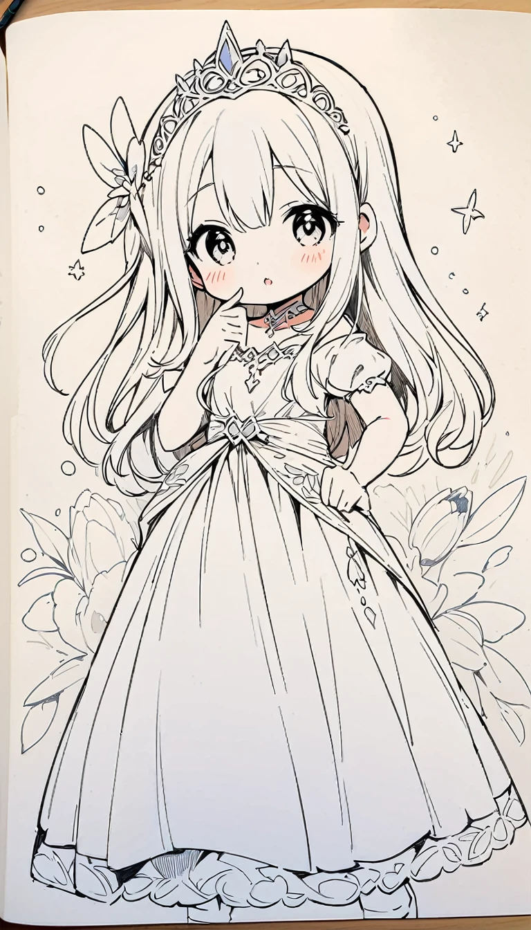 Fantasy princess character coloring book images。A princess in a simple dress and a tiara、There are few fine decorations、Easy-to-paint design for children。Line art、Monochrome、