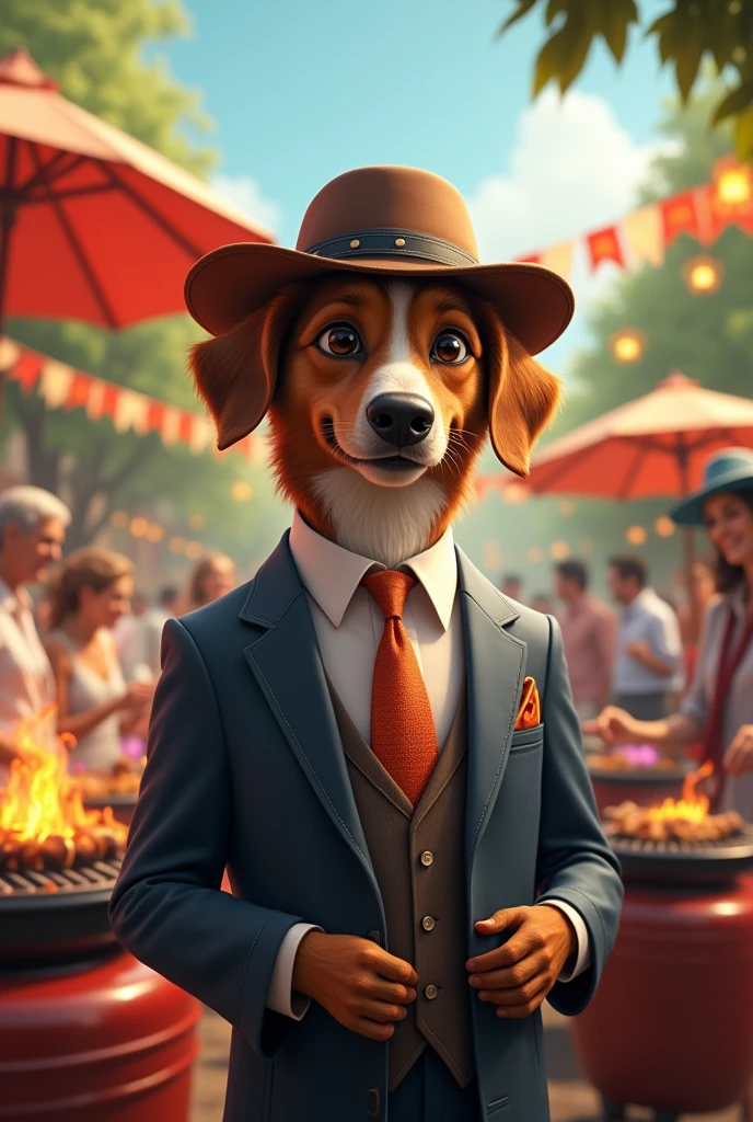 Create a dog in a suit and fancy hat at a barbecue