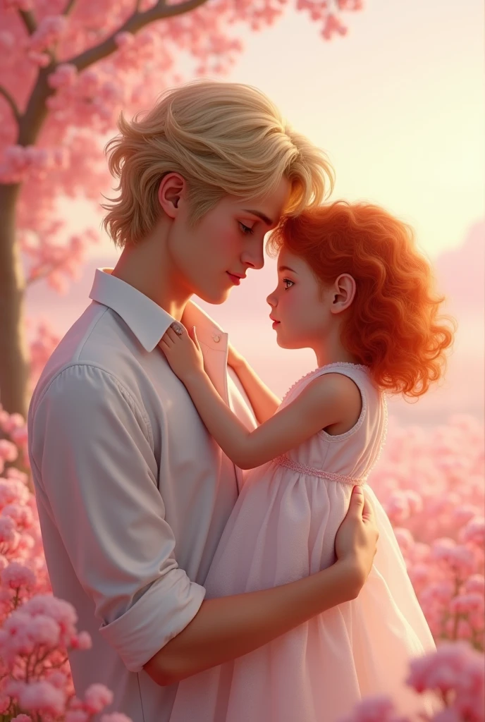 Digital hyperrealistic art, a field with pink tones with a beautiful blond boy with green eyes wearing a white shirt carrying in his arms a girl of about 0 with red and curly hair wearing a white dress with pink tones