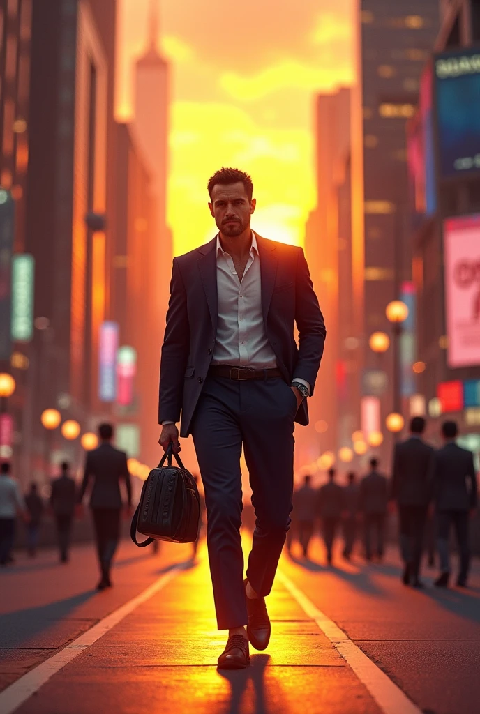 The attitude man by walking in rodwe for sunset in city 

