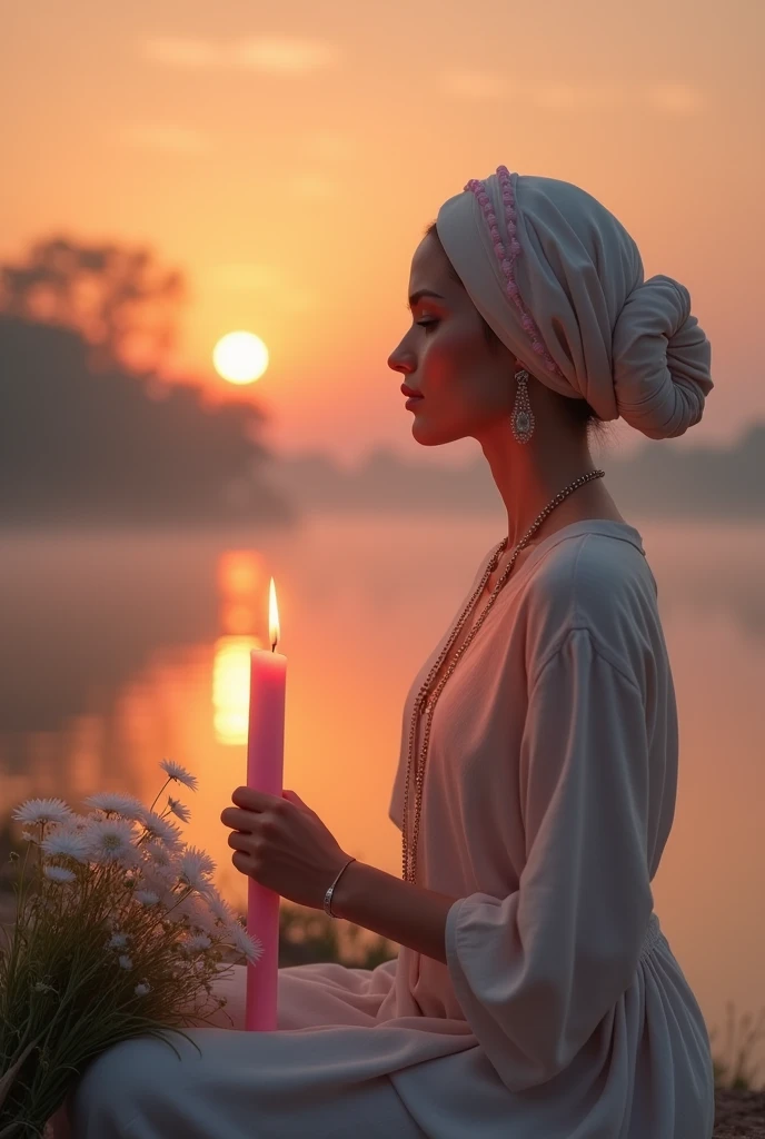 a transgender woman, appeared Hispanic, Caucasian skin, 4, slim, Bullish, almost no breast, wearing a light-colored religious turban, with light and clear clothes, wearing a religious necklace with pink dots, on his knees, with a countenance of respect and adoration, lights a pink candle next to a simple bouquet of white flowers, on the edge of a river source, beautiful and peaceful, on a beautiful sunset, with the reddish and yellow sky, with a beautiful and cozy mist.