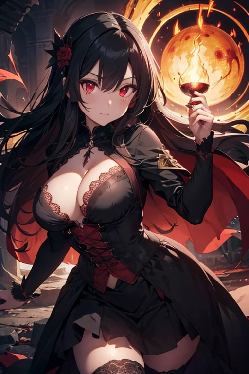 4K anime style quality, digital drawing mode, Gothic fantasy-themed anime female character, long flowing black hair with blood-red tips, glowing golden eyes, wearing a dark, elegant gown with lace and velvet, holding a goblet filled with blood, Blur the background to create a three-dimensional effect, atmosphere, standing in a vampire realm with dark, towering castles, radiant skin, regal and commanding expression, full body, dynamic pose, life size, perfect anatomy, detailed skin texture, full HD, 4K, HDR, perfect anatomy, depth of field.