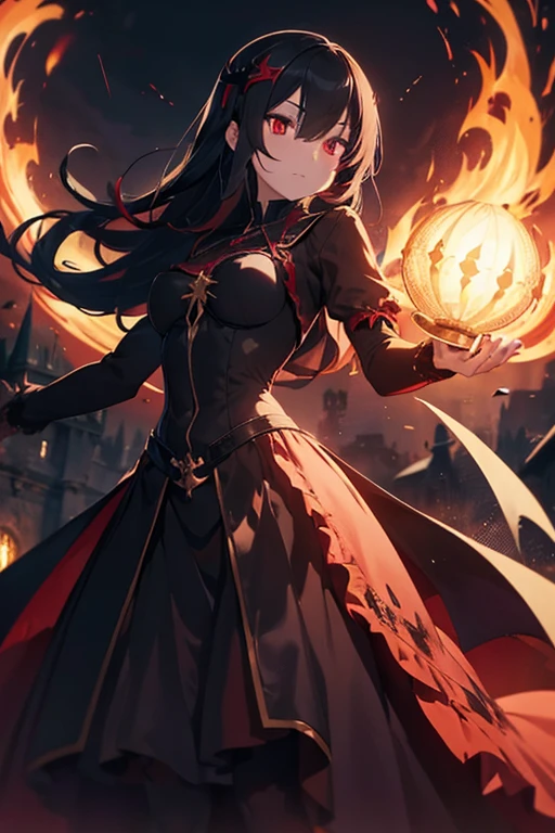 4K anime style quality, digital drawing mode, Gothic fantasy-themed anime female character, long flowing black hair with blood-red tips, glowing golden eyes, wearing a dark, elegant gown with lace and velvet, holding a goblet filled with blood, Blur the background to create a three-dimensional effect, atmosphere, standing in a vampire realm with dark, towering castles, radiant skin, regal and commanding expression, full body, dynamic pose, life size, perfect anatomy, detailed skin texture, full HD, 4K, HDR, perfect anatomy, depth of field.