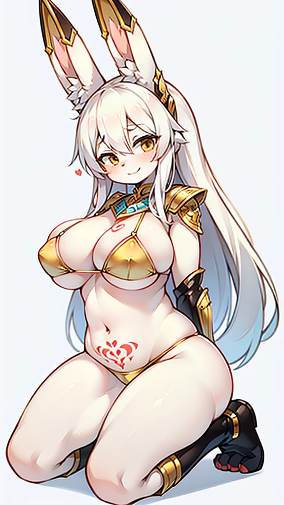 Busty female bunny, Fluffy white hair. Wearing simple and stylish golden bikini armor. . Kneeling and squatting,Full body portrait,Expression smile,Large Breasts,Pure white background,Very Very Intricate Uterus Tattoo
