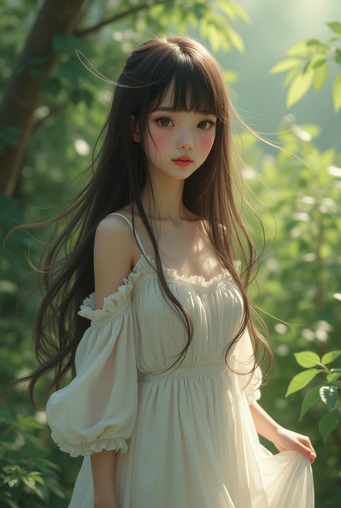 A brunette girl with straight, very long hair,  with blunt bangs.
She is wearing a white dress. Her eyes are brown. She has many beauty marks.
She is in nature.
She is barefeet.
She is very beautiful.
She is mysterious. The wind is blowing her hair and dress. She is smiling.