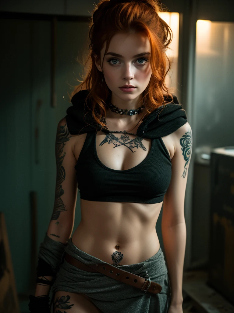 muito detalhado, 16K high resolution, incredibly detailed image, filmic, best quality, ​masterpiece, realisti, detailed face, detail-ful background, dramatic lighing, Girl, 25 years, alone, beautiful natural ginger red hair, Fell, straggly and messy wavy hair. Extremely detailed facial expressions with sharp and piercing green eyes. A delicate, slightly cheeky face, discreetly made up. ((She is tattooed and pierced, big tubes in the ears.)), She has (Very small breasts) and a slim figure, in good shape. Dark lighting conditions, the world is destroyed after a war. She is in a destroyed city. Flames and clouds of smoke in the background. She wears worn-out clothing consisting of a torn black tank top, a broken linen cloak with a hood over it, a broken miniskirt and dusty ankle-high boots. She has a belt around her hips with a bag and a knife attached to the side. She carries a Viking sword on her back.