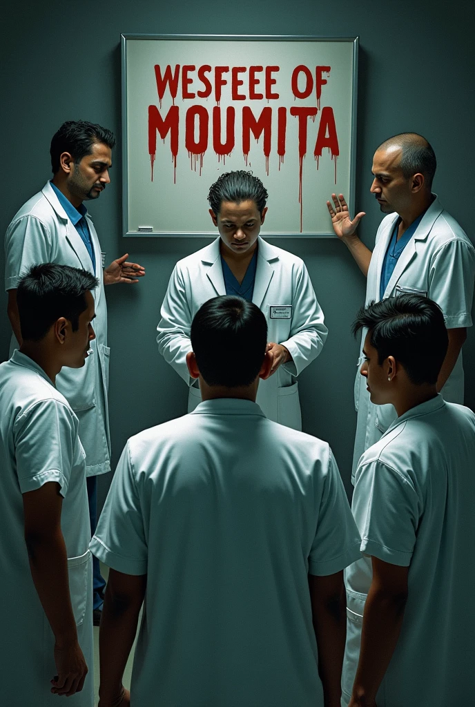 Bloody image with title 'Justice for moumita' and many doctors around the board hang the rapiest